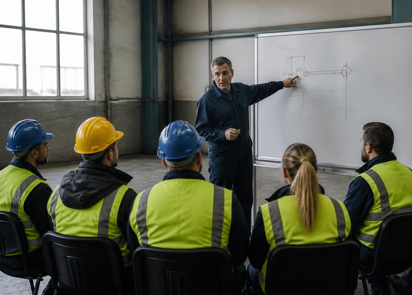 Safety training session with operational teams in an industrial hall